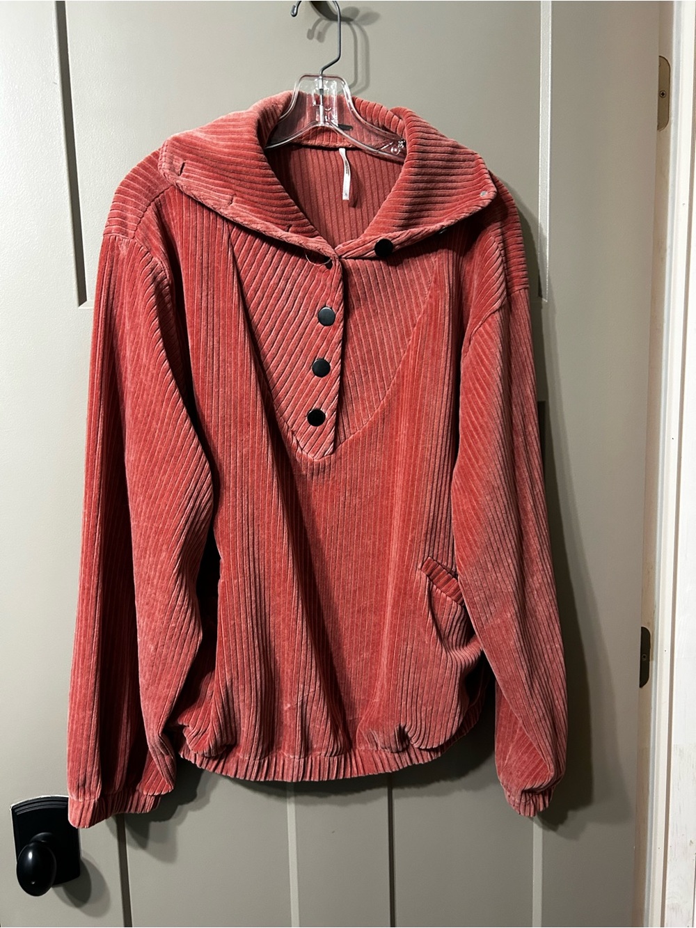 Coral pink corduroy Free People Serena Pullover oversized slouchy fit buttons